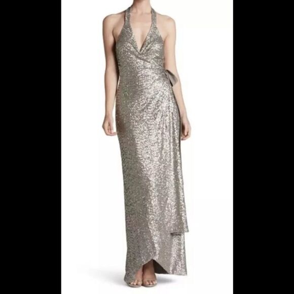 Dress the Population giselle sequin wrap maxi dress silver size large - Picture 1 of 4